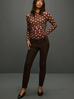 Chocolate Brown/Pink Polka Dot Long Sleeve Ruched Side Mesh Top