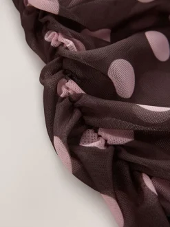 Chocolate Brown/Pink Polka Dot Long Sleeve Ruched Side Mesh Top