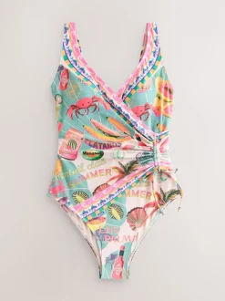 Conversational Print Ruched Side Tummy Shaping Control Swimsuit