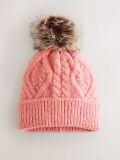 Coral Pink Cable Knitted Pom Hat