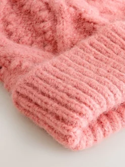 Coral Pink Cable Knitted Pom Hat
