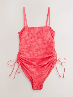Coral Pink Lace Bandeau Ruched Leg Tummy Control Shaping Swimsuit