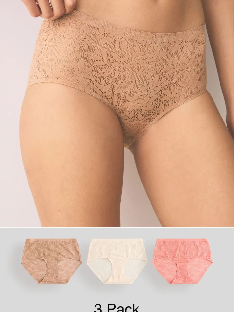 Coral Pink Midi All-Over Lace No VPL Knickers 3 Pack