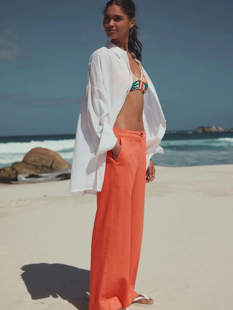 Coral Pink Smart Front Linen Blend Wide Leg Trousers