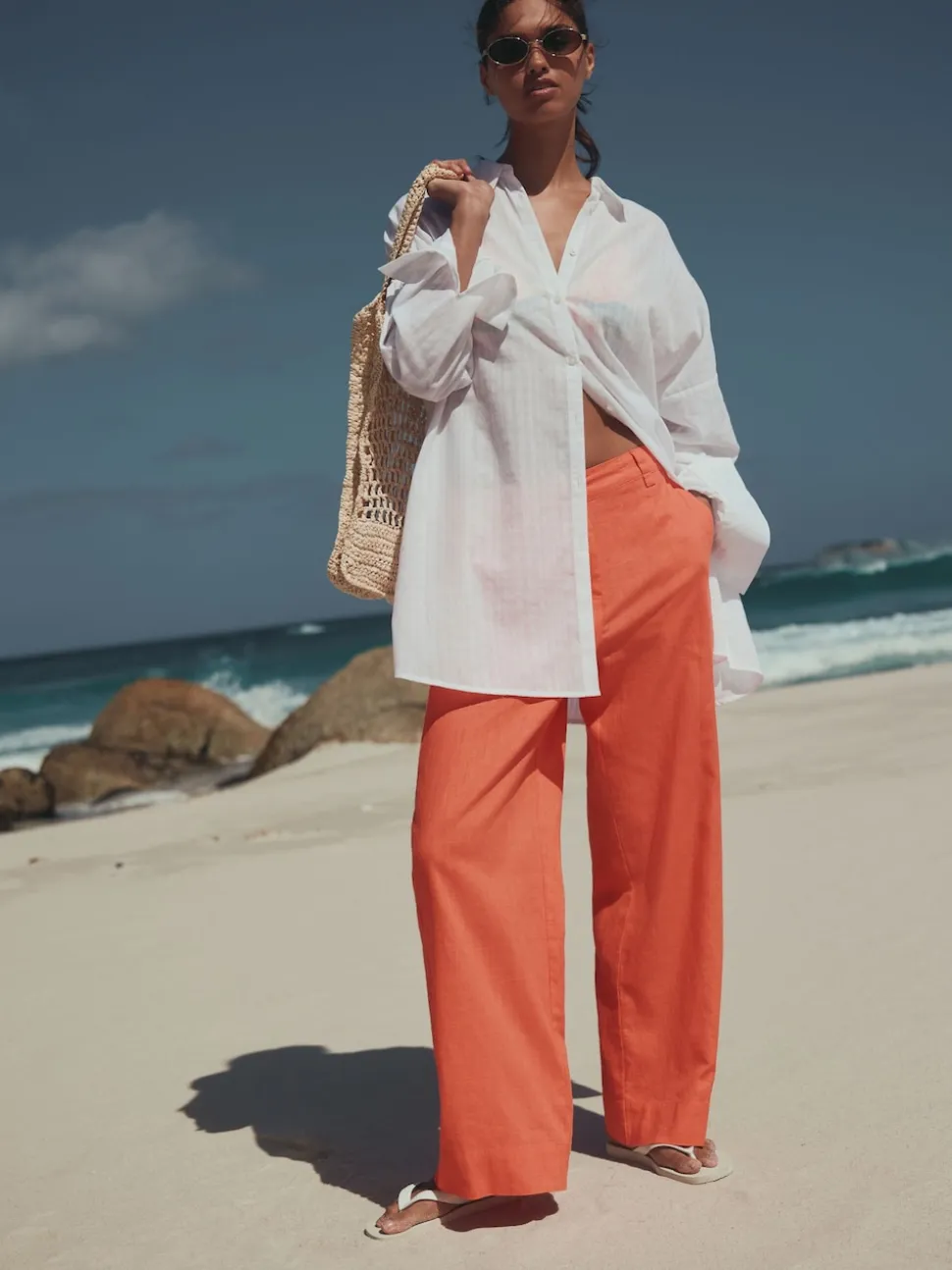 Coral Pink Smart Front Linen Blend Wide Leg Trousers