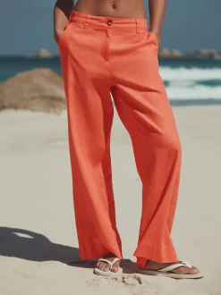 Coral Pink Smart Front Linen Blend Wide Leg Trousers