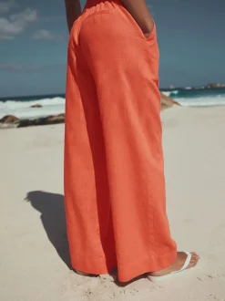 Coral Pink Smart Front Linen Blend Wide Leg Trousers