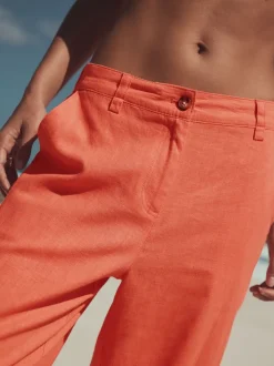 Coral Pink Smart Front Linen Blend Wide Leg Trousers