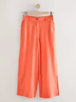 Coral Pink Smart Front Linen Blend Wide Leg Trousers