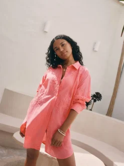 Coral Pink Textured Cornelli Cover-Up Shirt