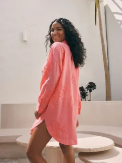 Coral Pink Textured Cornelli Cover-Up Shirt