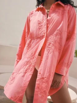 Coral Pink Textured Cornelli Cover-Up Shirt