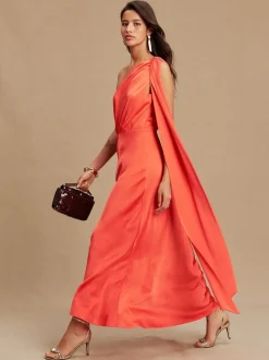 Coral Pink Textured Satin Scarf Neck Midi Dress