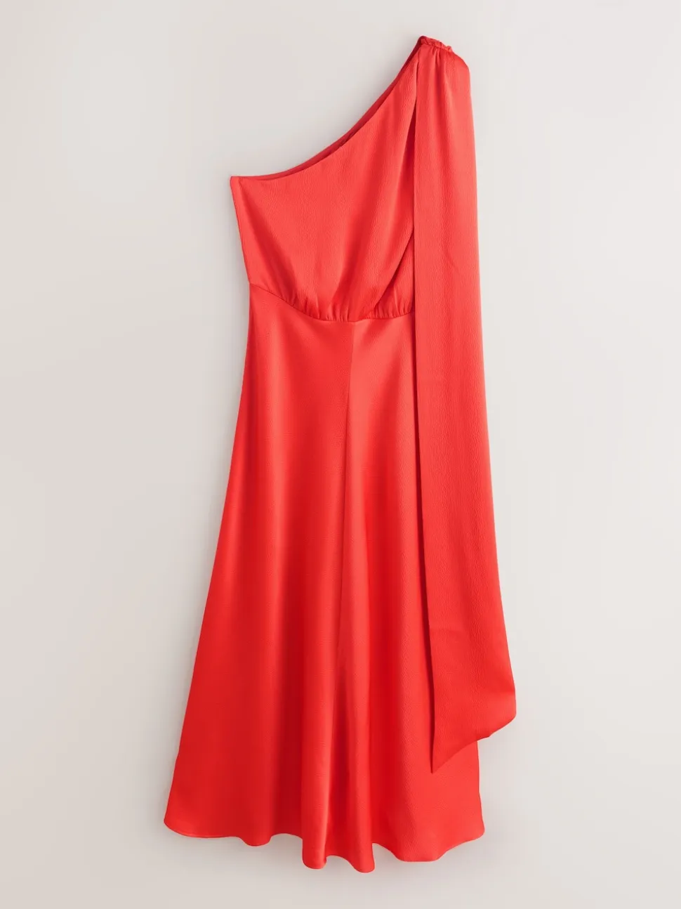 Coral Pink Textured Satin Scarf Neck Midi Dress