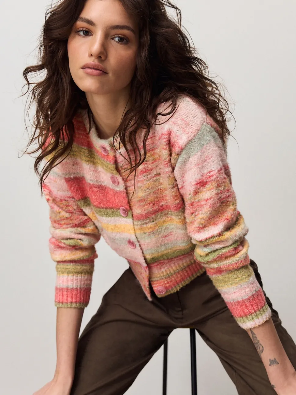 Coral Pink/Orange Spacedye Knitted Crew Neck Cardigan