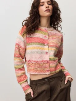 Coral Pink/Orange Spacedye Knitted Crew Neck Cardigan