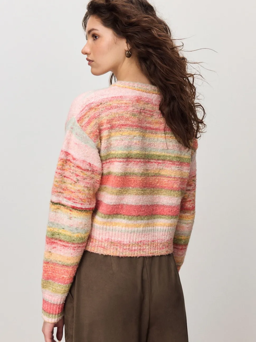Coral Pink/Orange Spacedye Knitted Crew Neck Cardigan