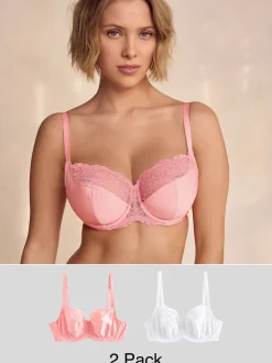 Coral/Ecru 2 Pack DD+ Non Pad Wired Full Cup Microfibre Lace Bra