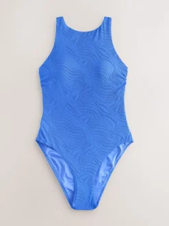 Cornflower Blue Textured High Neck Tummy Control Swimsuit