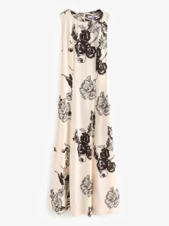 Cream and Black Floral Print Sleeveless Column A-Line Maxi Dress