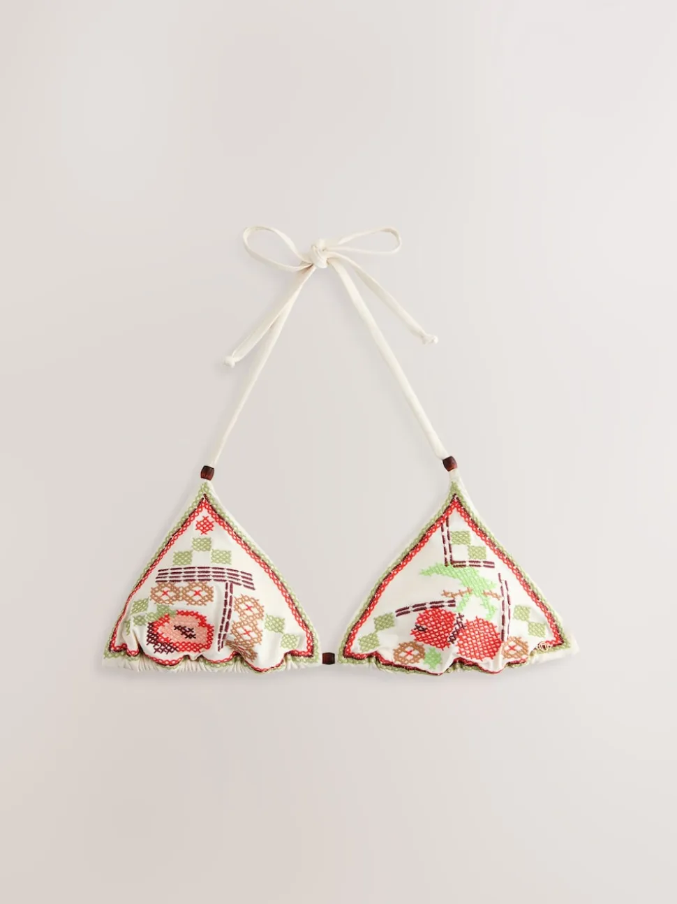 Cream Cherry Crosshatch Embroidered Triangle Bikini Top
