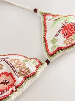 Cream Cherry Crosshatch Embroidered Triangle Bikini Top
