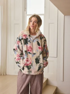 Cream Floral Borg Half Zip Fleece