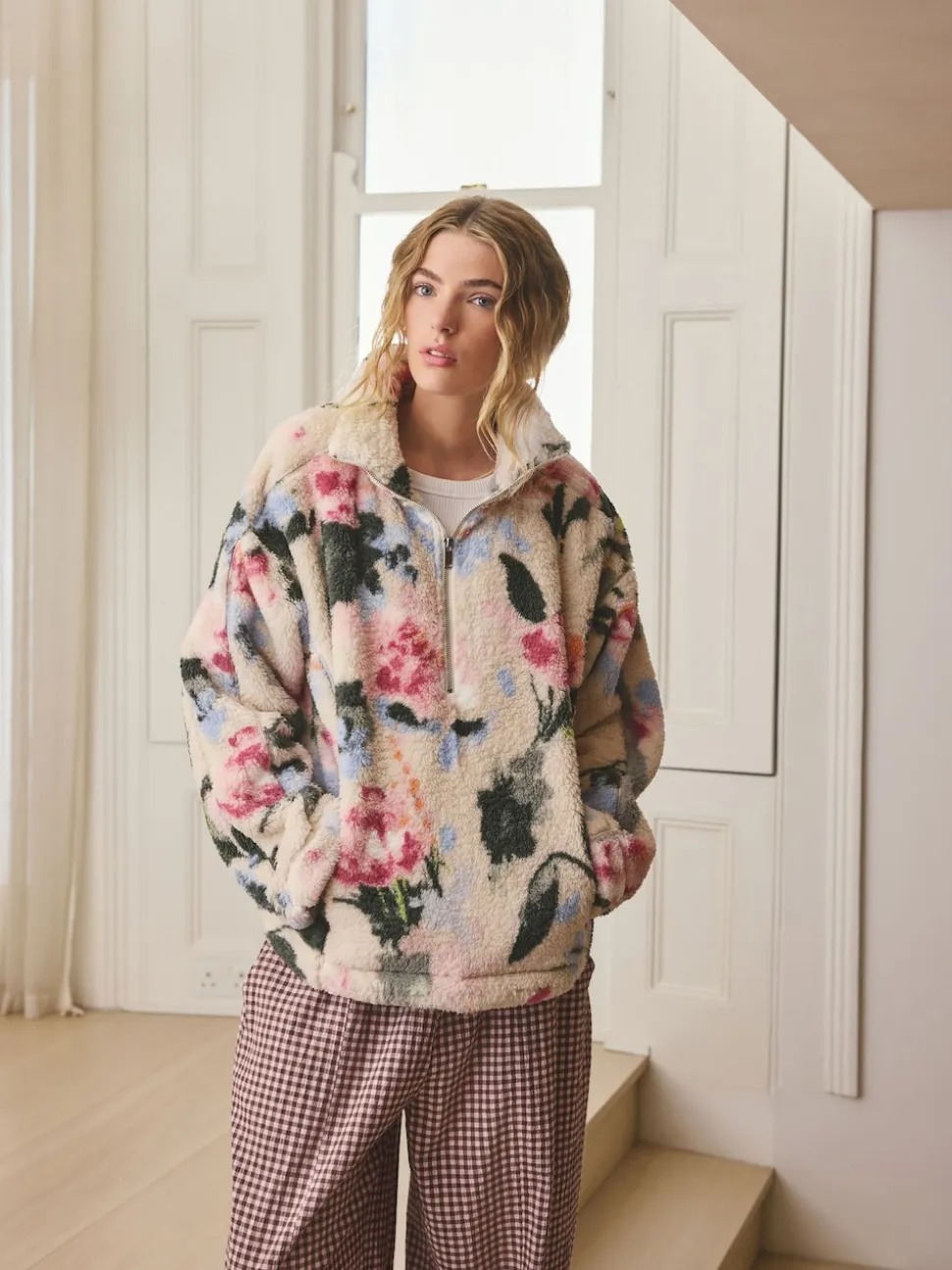 Cream Floral Borg Half Zip Fleece