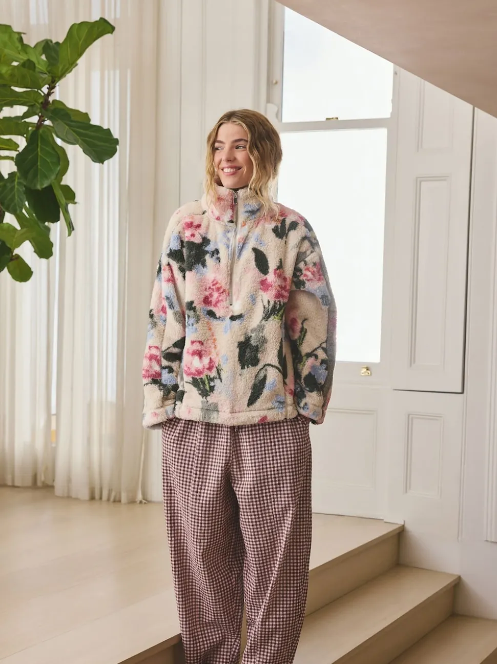Cream Floral Borg Half Zip Fleece