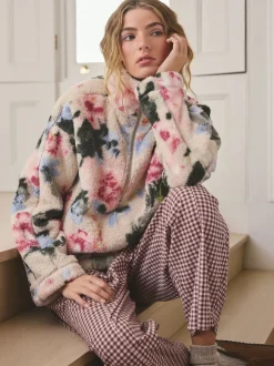 Cream Floral Borg Half Zip Fleece