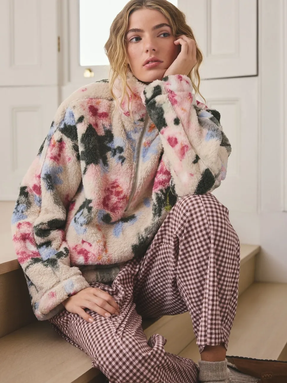 Cream Floral Borg Half Zip Fleece