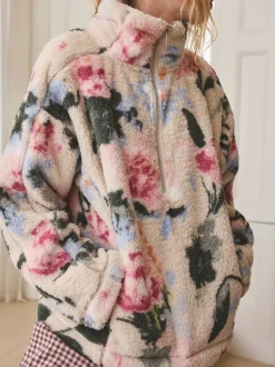 Cream Floral Borg Half Zip Fleece