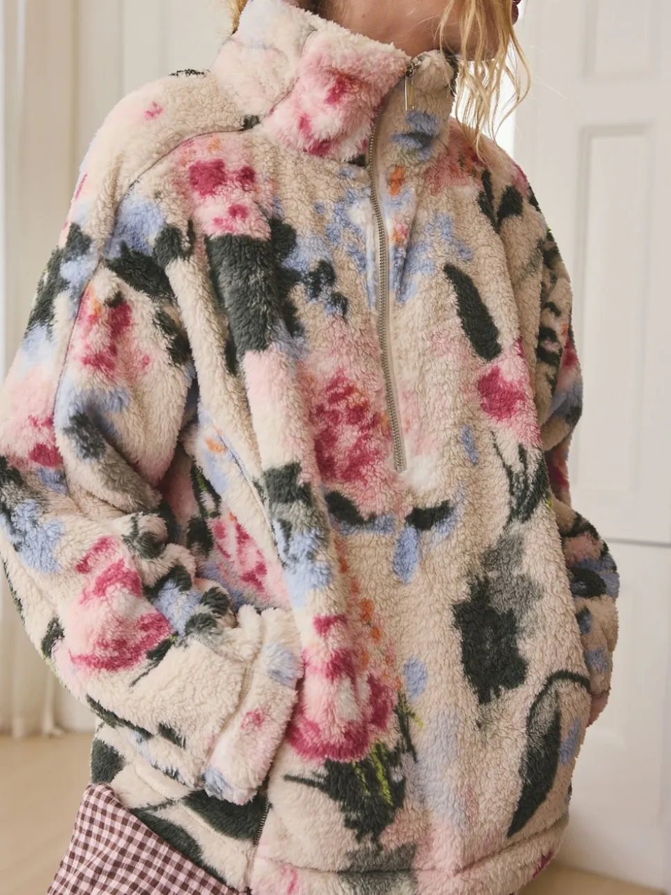 Cream Floral Borg Half Zip Fleece