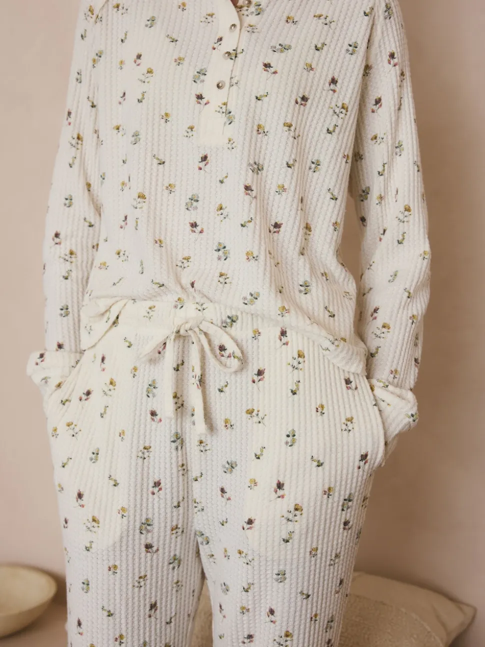 Cream Floral Cosy Waffle Long Sleeve Pyjamas