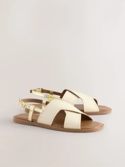 Cream Leather Standard/Wide Fit Stitched Slingback Sandals
