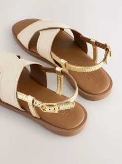Cream Leather Standard/Wide Fit Stitched Slingback Sandals