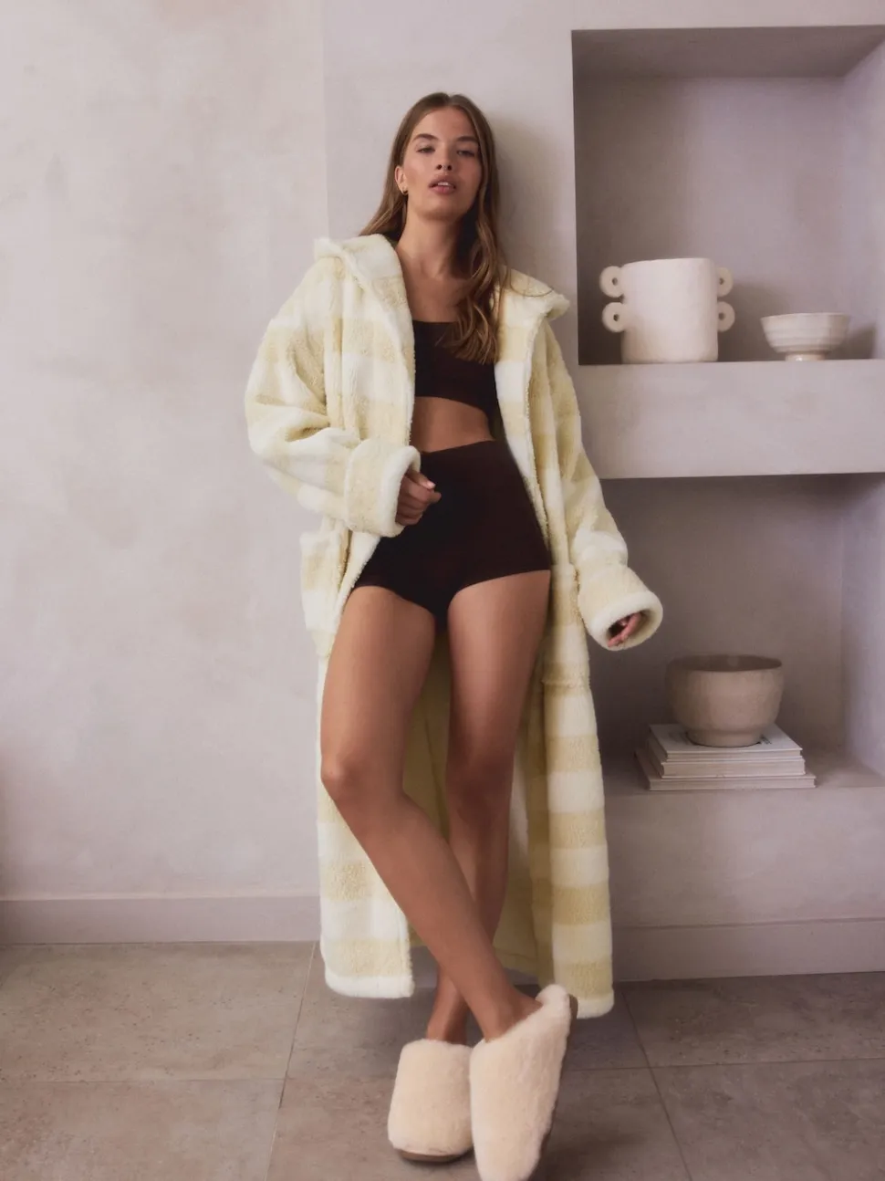Cream Textured Stripe Dressing Gown