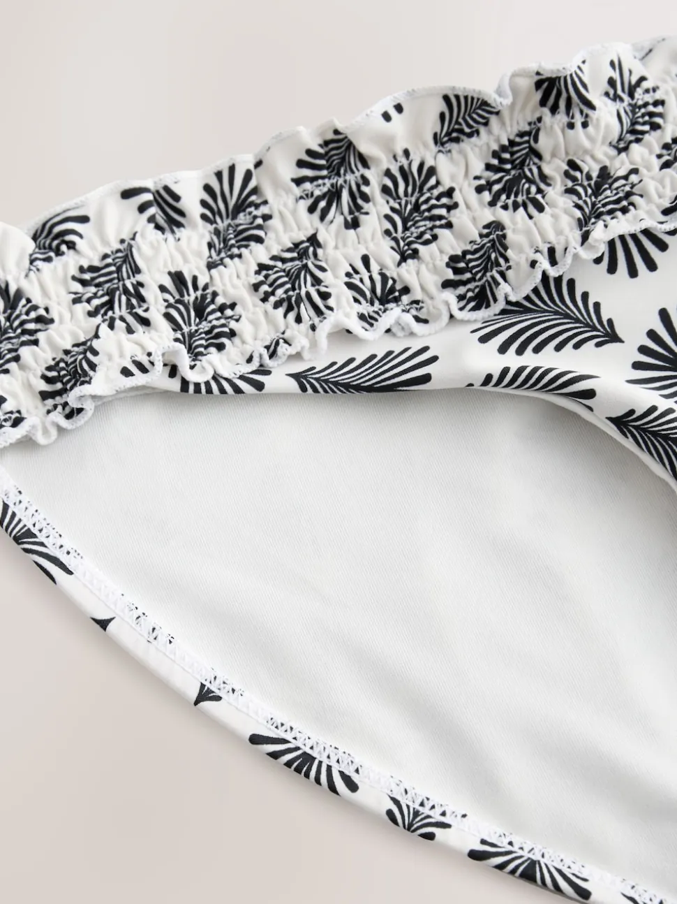 Cream/Black Fan Print Shirred High Leg Bikini Bottoms
