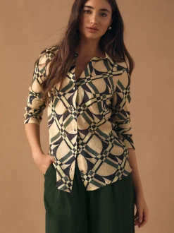 Cream/Green Geometric Print Lyocell Blend Collared V-Neck Shirt