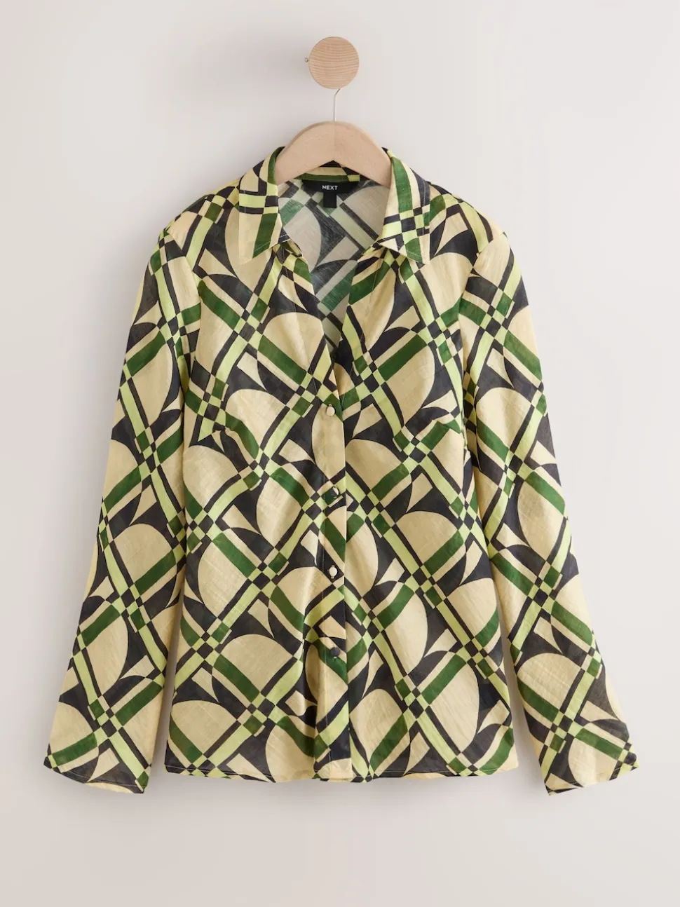 Cream/Green Geometric Print Lyocell Blend Collared V-Neck Shirt