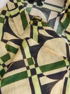 Cream/Green Geometric Print Lyocell Blend Collared V-Neck Shirt