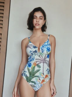 Cream/Navy Parrot Print Tummy Control Tankini Top