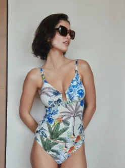 Cream/Navy Parrot Print Tummy Control Tankini Top