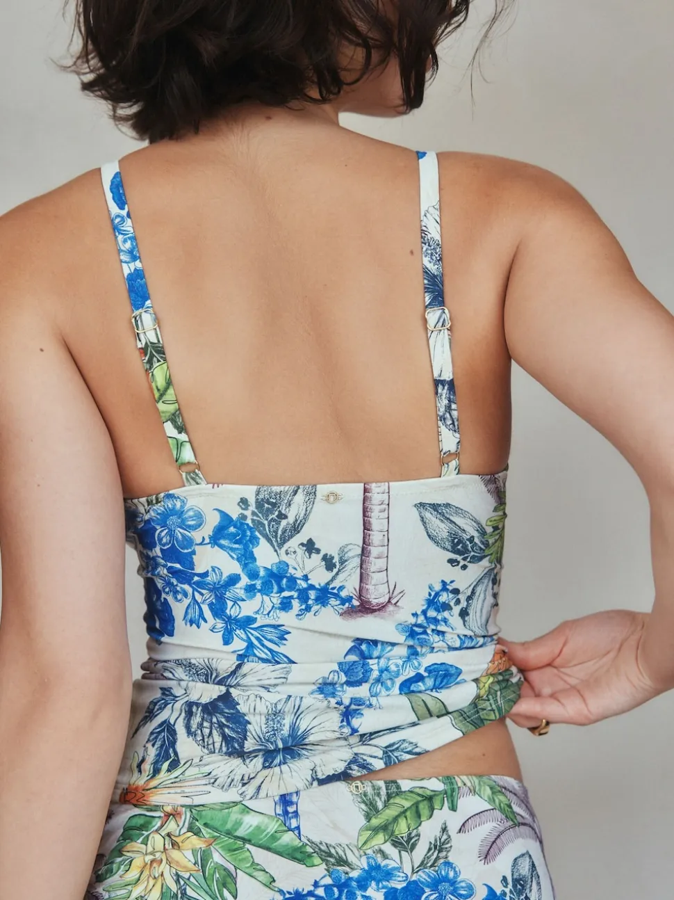 Cream/Navy Parrot Print Tummy Control Tankini Top