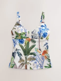 Cream/Navy Parrot Print Tummy Control Tankini Top