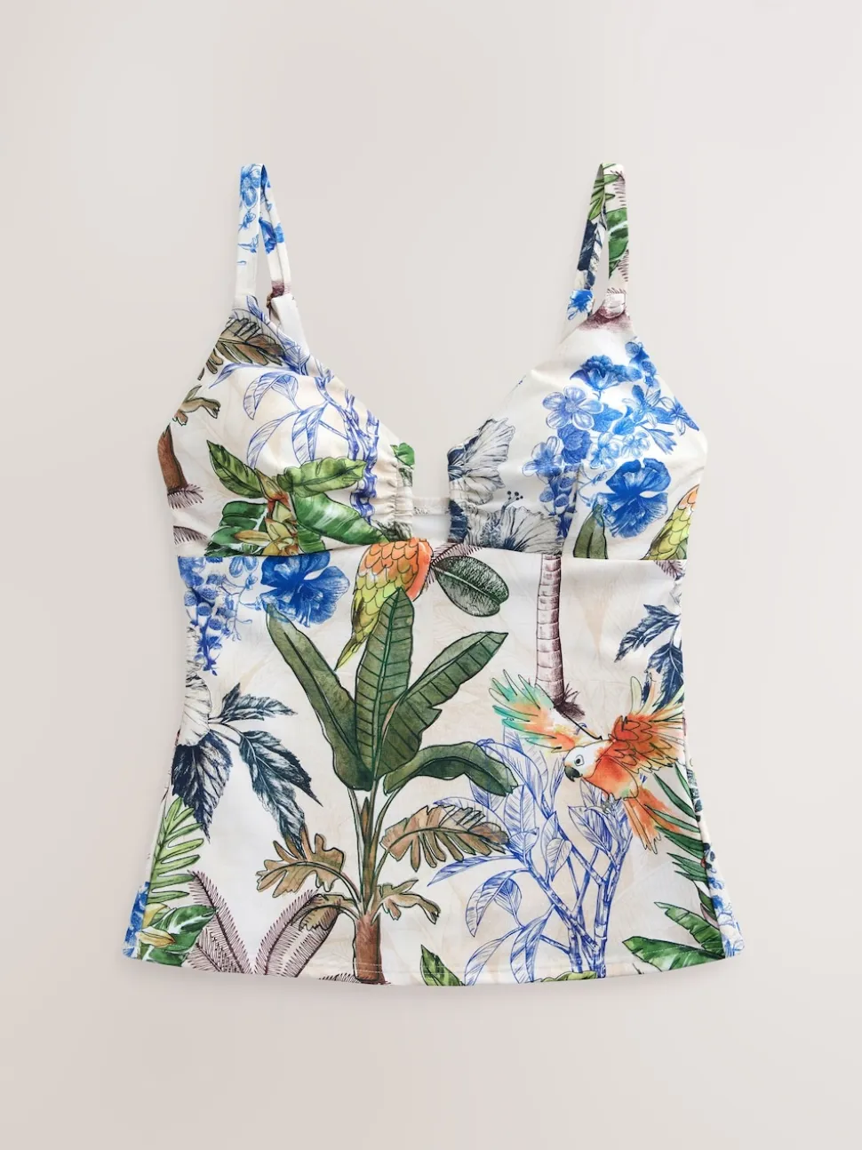 Cream/Navy Parrot Print Tummy Control Tankini Top