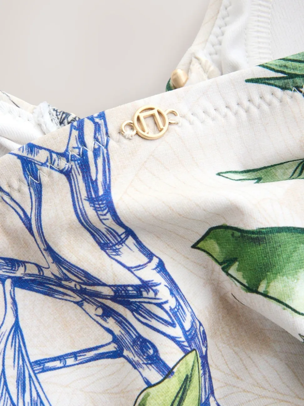 Cream/Navy Parrot Print Tummy Control Tankini Top