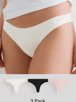 Cream/Pink/Black Thong Cotton Rich No VPL Knickers 3 Pack