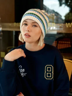Cream/Pink/Green Knitted Beanie Hat