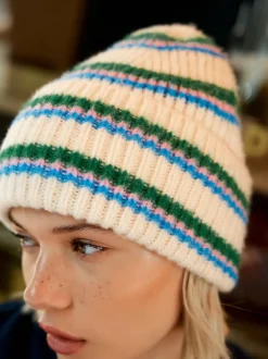 Cream/Pink/Green Knitted Beanie Hat